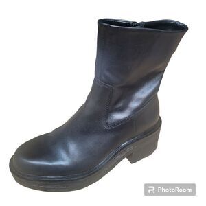 Zara Black Leather Chunky Heel Platform Ankle Boots. Size 10.